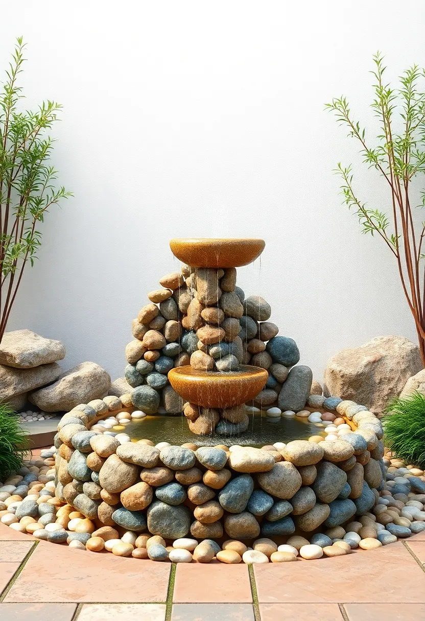 Pebble Mosaic Fountain: Artistic and functional, this fountain showcases a mosaic of pebbles while providing a soothing background melody