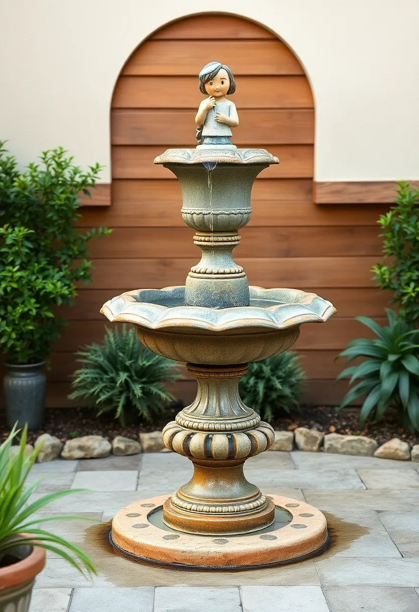 Vintage Urn Fountain: A classic design where water flows gracefully from an ornate urn, encapsulating timeless beauty and serenity