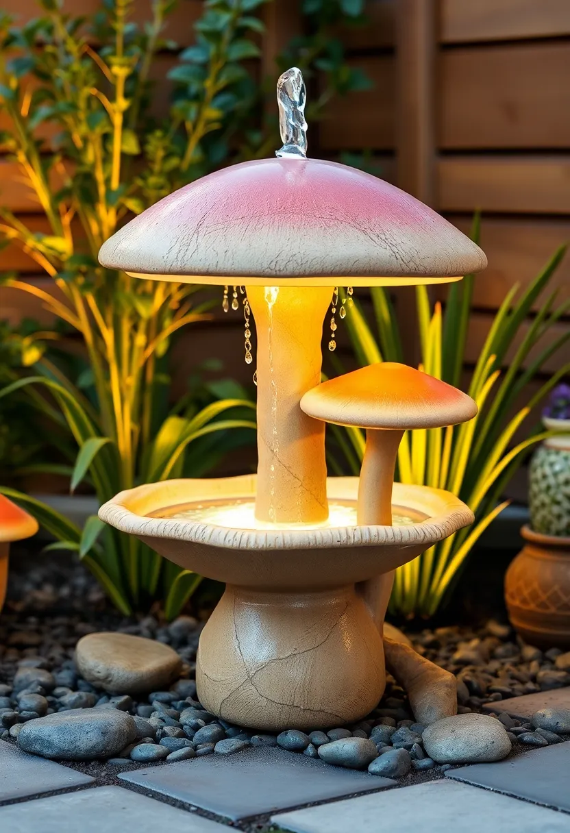 Fairy Tale Mushroom Fountain: Add a touch of whimsy with a fountain that resembles mushrooms, complete with light and soft bubbling water