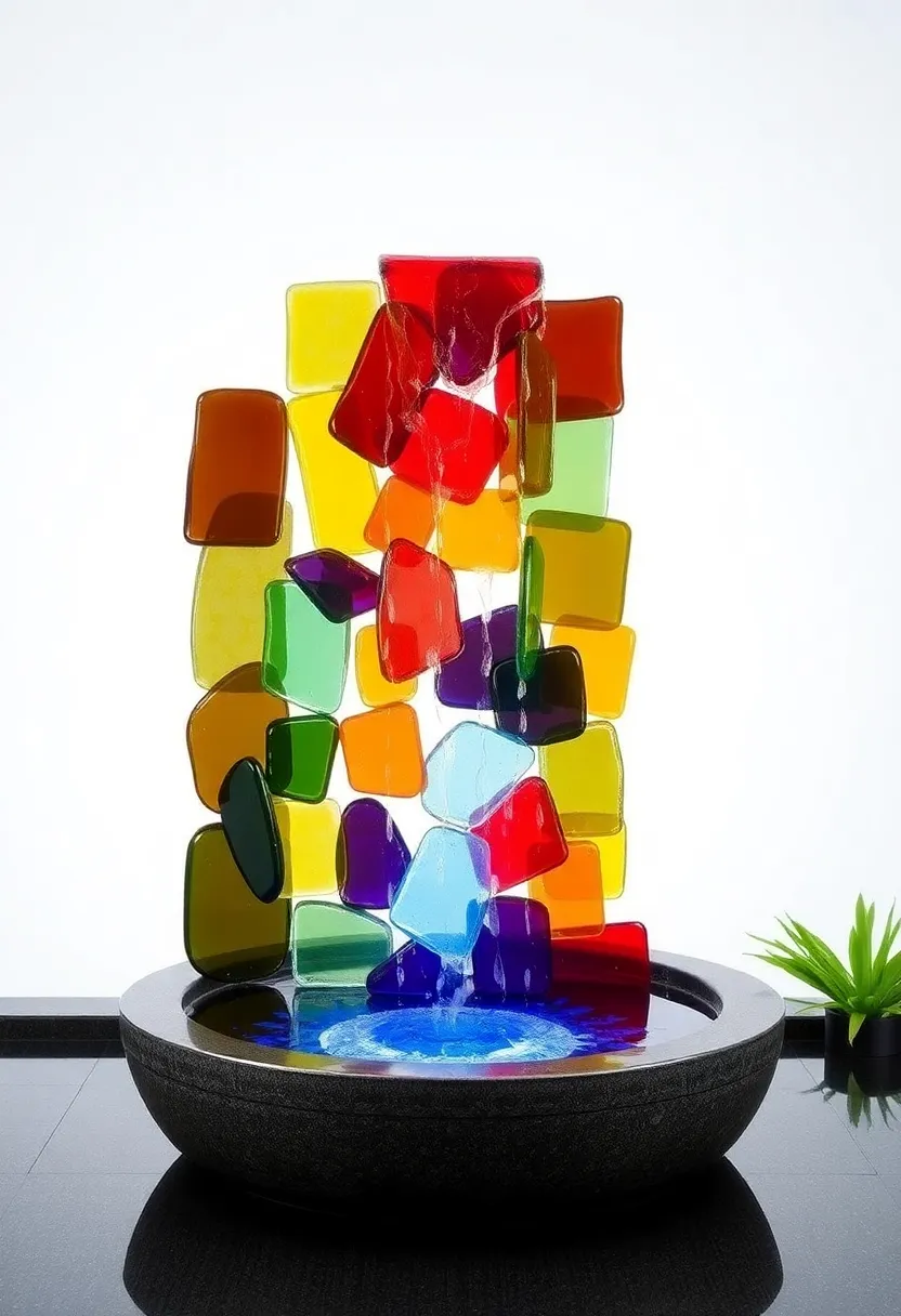 Recycled Glass Waterfall: An eco-friendly choice,this waterfall made from colorful recycled glass creates a lively soundscape while promoting sustainability