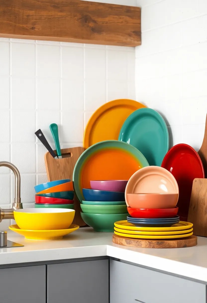 Colorful Dishware: Use eclectic,colorful dishes to brighten up the kitchen while showcasing your personality