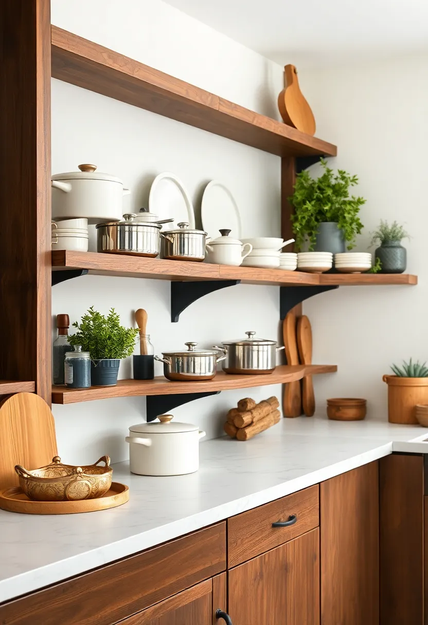 Stylish Open ⁢Shelving Showcasing Charming Cookware Displays