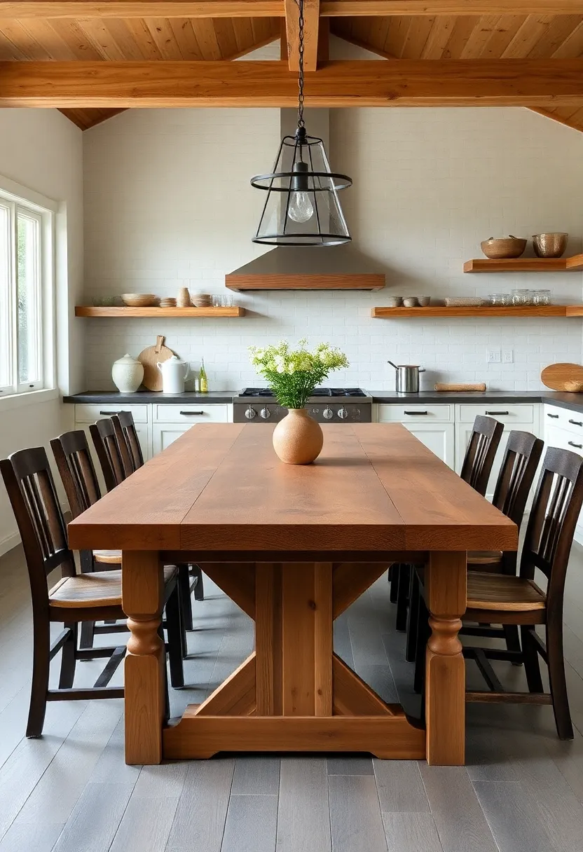 Large Wooden Table: incorporate a sturdy, farmhouse-style dining table as a centerpiece for family gatherings and meals