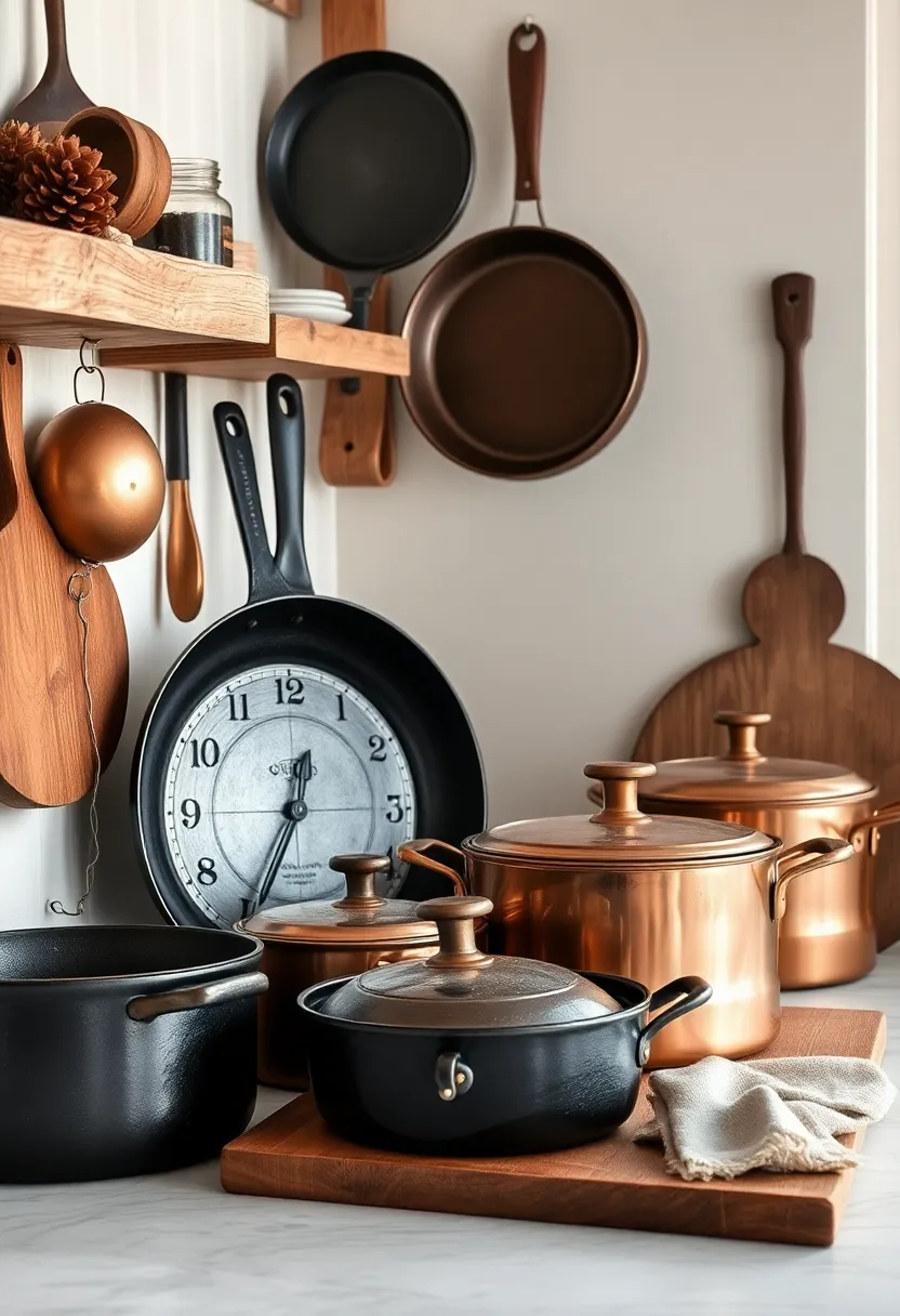 Nostalgic Cookware: Display cast iron skillets or copper pots to highlight the beauty and practicality of traditional kitchen tools