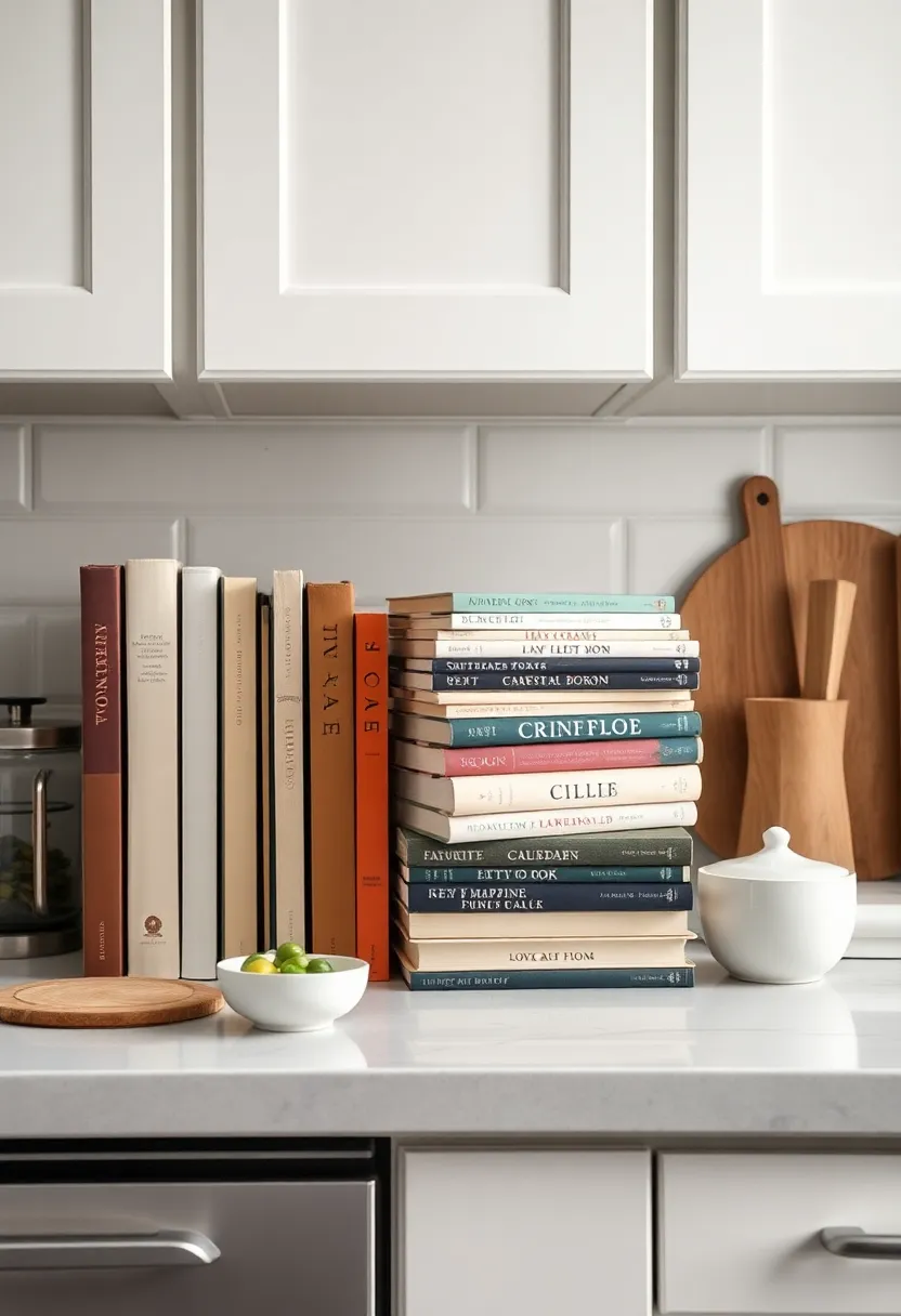 Simple Cookbooks Display: Stack favorite cookbooks on a countertop for easy access and a personal touch