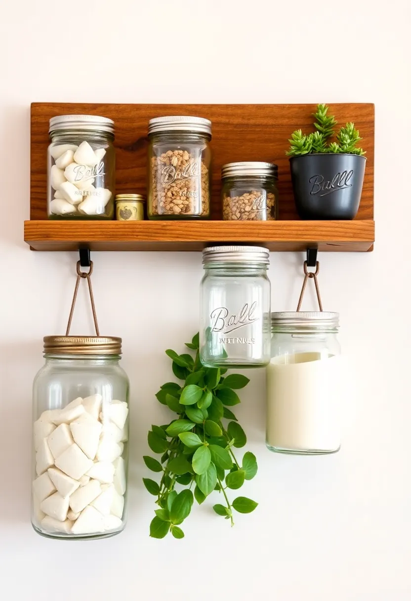 Canning jar Storage: Mount canning jars on a wooden base for a rustic look, using them to store various kitchen supplies