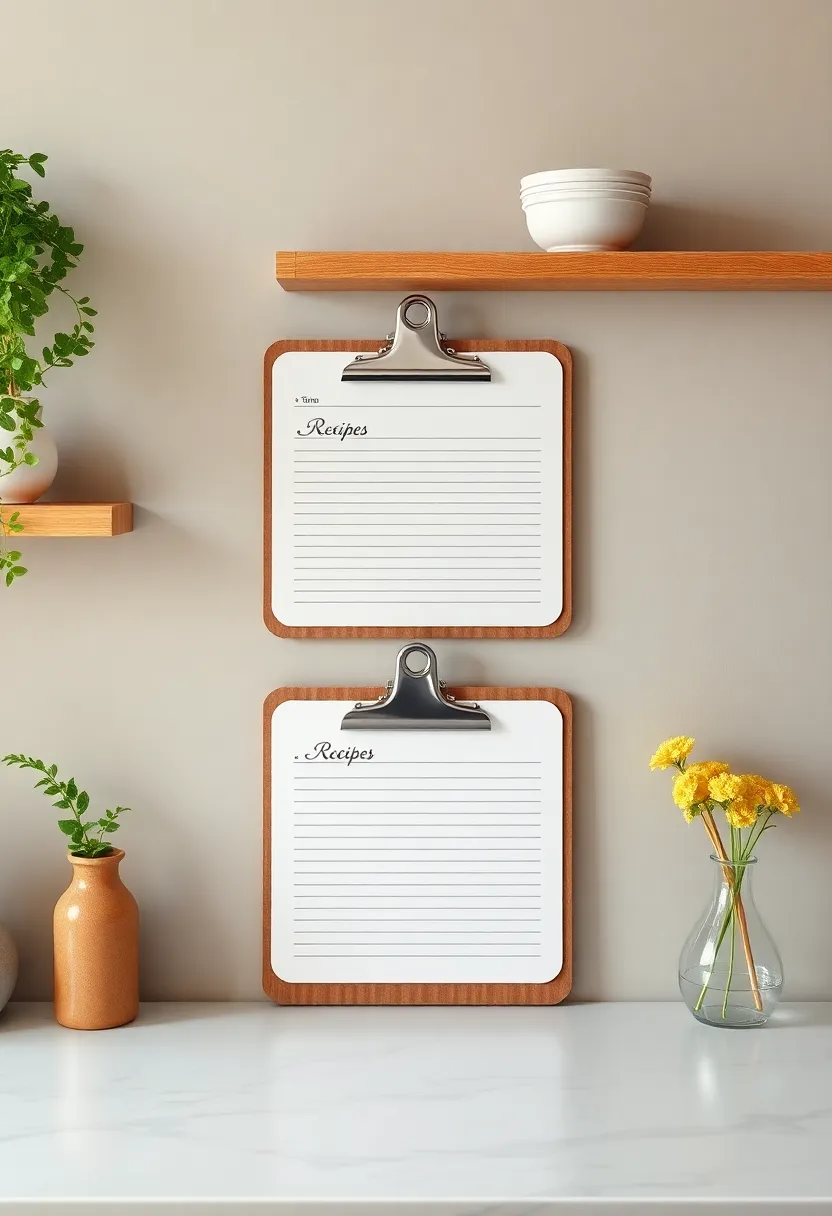 Clipboards for Recipes: Attach clipboards to the kitchen wall to hold your favorite recipes, blending art and utility seamlessly