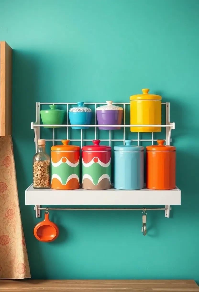 Colorful Canisters: Hang colorful canisters on a wall-mounted rack to store dry goods and add a dash of color