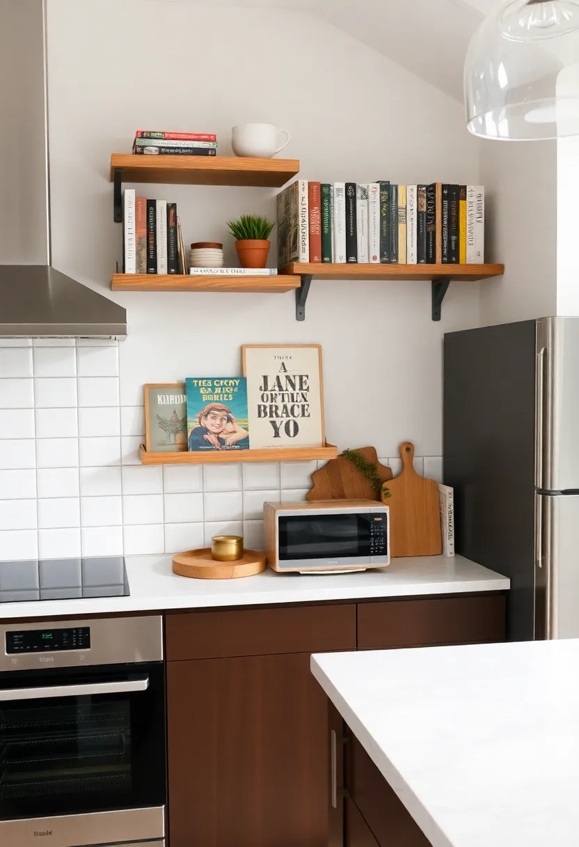 Gallery Wall of Cookbooks: Showcase your favorite cookbooks by creating a gallery wall using decorative shelves,adding both style and function