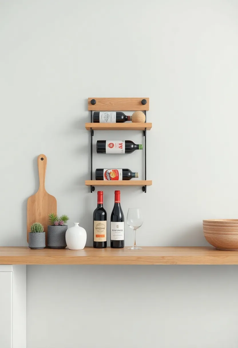 Slim Wine Rack: Install a slim wine rack on the wall that doesn’t take up much space but makes a stylish statement