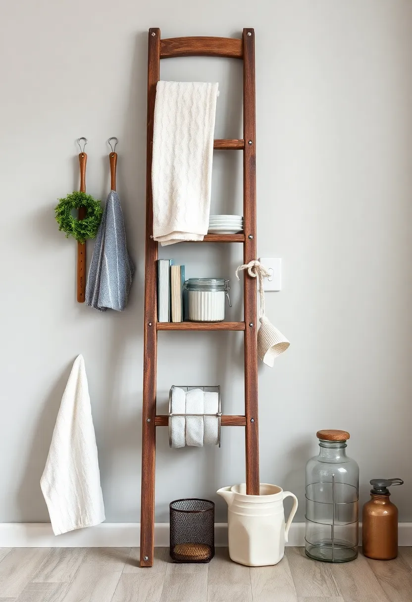 Vintage Ladder Rack: Repurpose an old ladder as a creative display for towels, cookbooks, and kitchenware