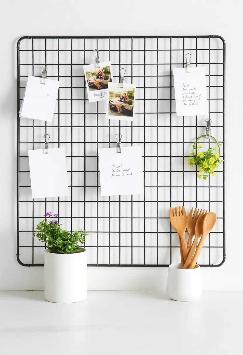 Wire Grid Organizer: Use a wire grid to clip photos, notes, or even shopping lists, creating a functional and visual organizing solution