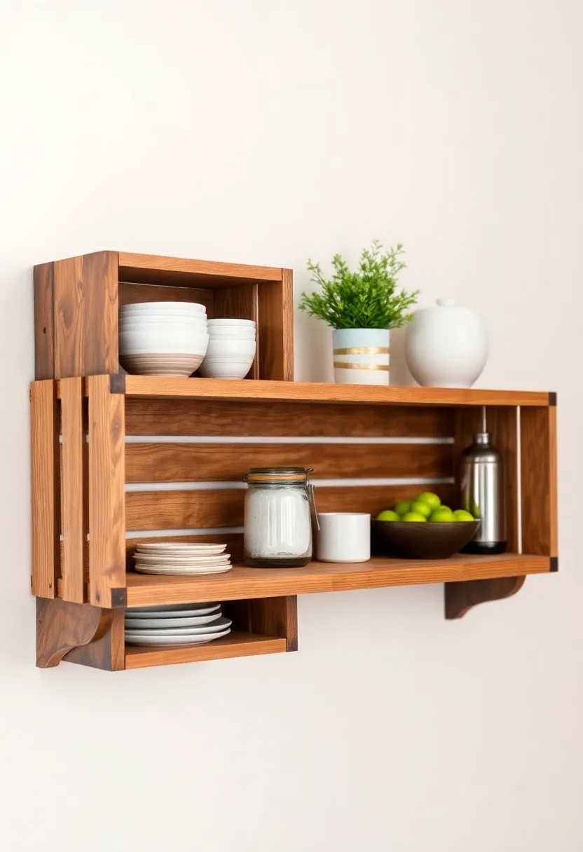 Wooden Crate Shelves: Repurpose wooden crates as rustic shelves to hold kitchen essentials or decorative items, adding charm and character