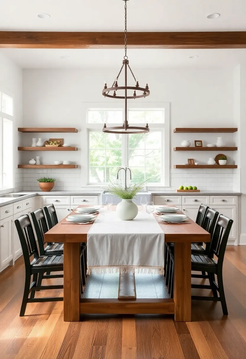 8) Farmhouse Table: A central gathering place, a rustic farmhouse table exudes comfort and invites family and friends to share meals together