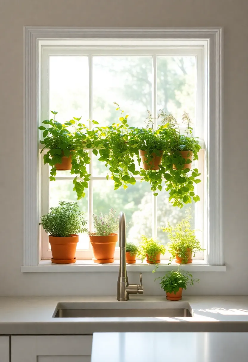 23) Herbal Garden Window: A sunlit window filled with fresh herbs not only adds brightness but also invites the outdoors in, enriching kitchen life