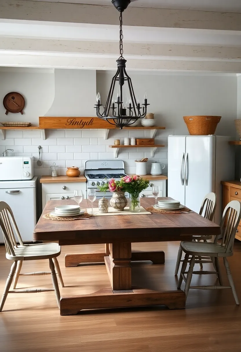 Antique Farm Tables: Gather around a sturdy farm table that evokes family gatherings, decorated with charming centerpieces that tell a story