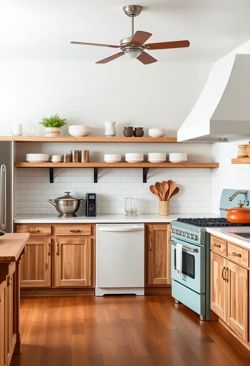 Farmhouse Cabinets: Explore the elegance of open shelving combined with distressed wood cabinetry, offering both functionality and that sought-after vintage charm