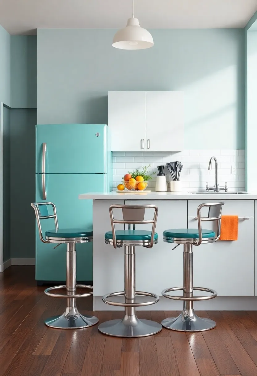 Iconic Chrome Bar Stools: Cheerful chrome accents in your kitchen can create a nostalgic diner vibe,perfect for casual breakfasts and tea time chats