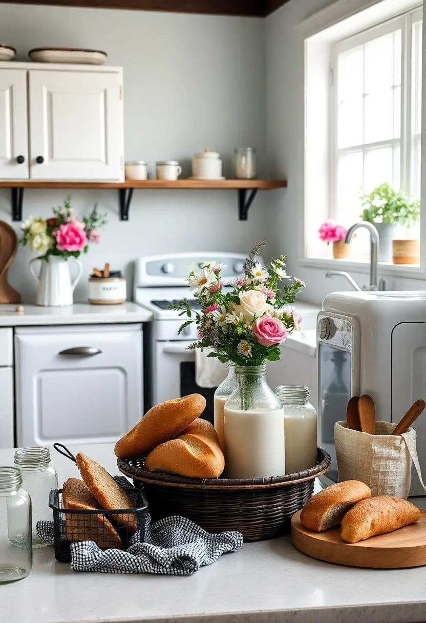 Timeless Tableau: create a kitchen tableau featuring timeless elements like fresh flowers,vintage jars,and artisanal bread that beckon you to linger
