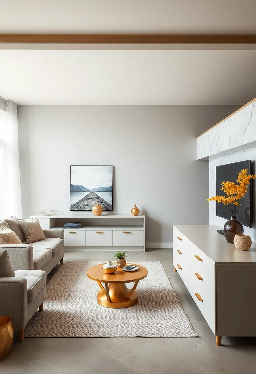 Layer your space with gold-trimmed rugs or runners that add texture and an understated golden glow underfoot