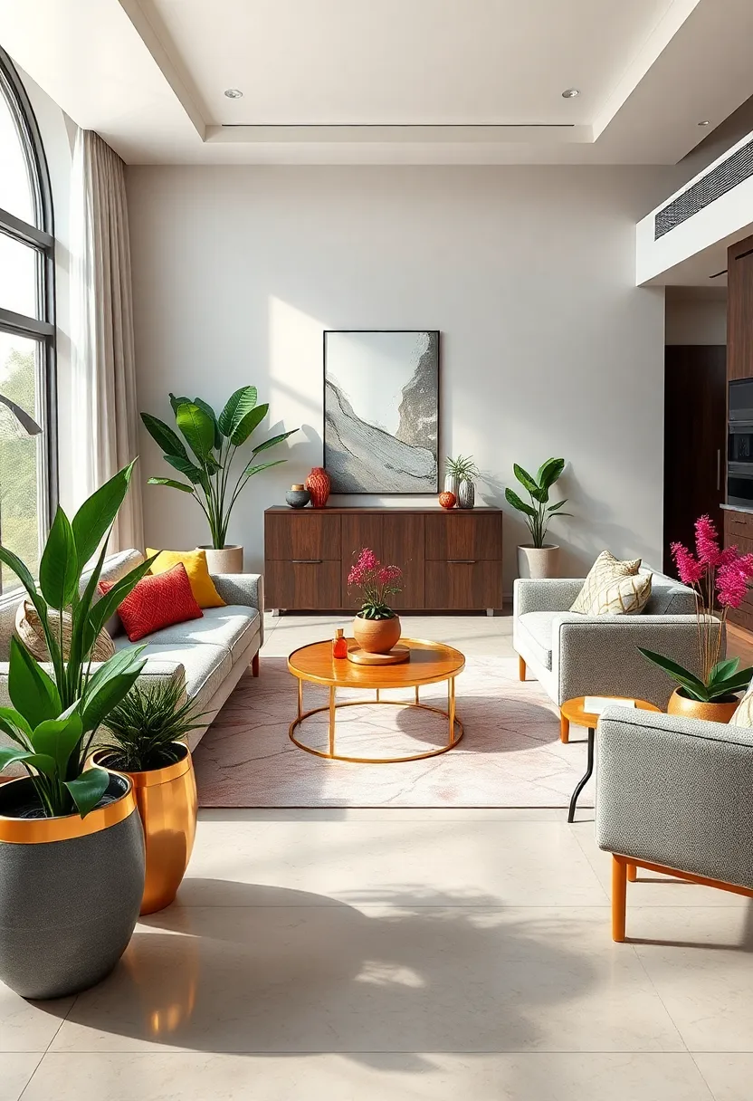 Position gold-accented planters around your living room to marry organic elements with elegant shine