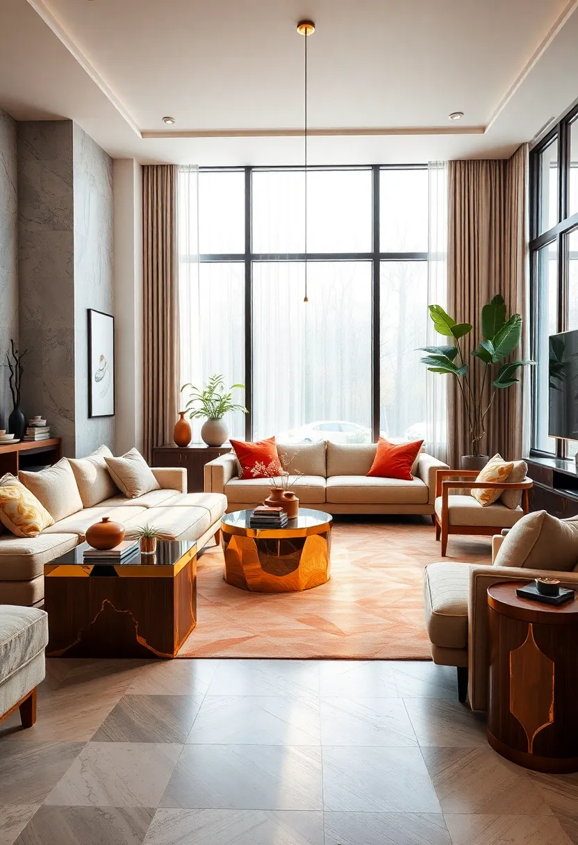 Select gold inlay coffee or side tables for a unique fusion of natural materials and shimmering accents