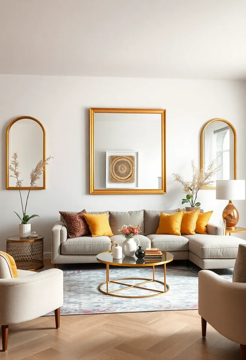 Incorporate gold-framed mirrors to elevate both light and elegance, making your space feel brighter and more expansive