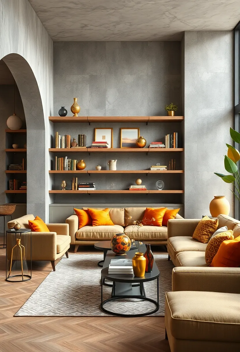 Dress your shelving with curated gold-toned books and artifacts to enhance the aesthetic storytelling