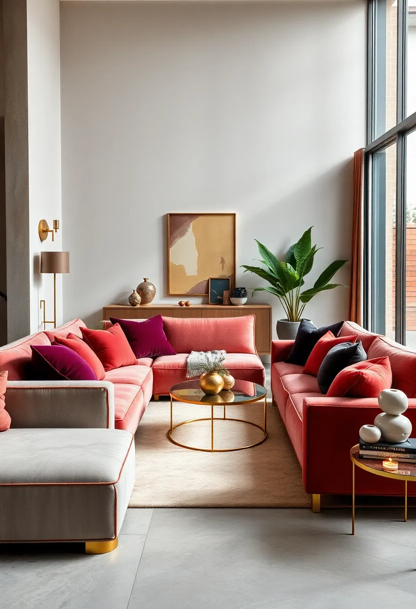 Choose plush velvet cushions in deep jewel tones paired with gold piping for a luxurious yet cozy seating arrangement