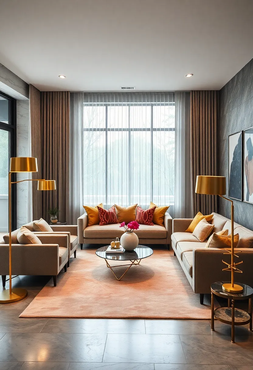 Introduce gold-accented floor lamps with sleek designs to balance function with exquisite metallic detailing