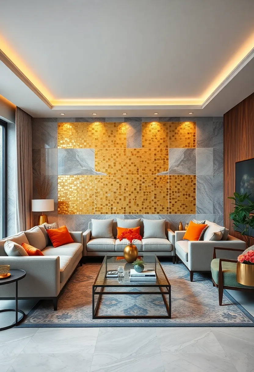 Incorporate gold mosaic tiles as a subtle backdrop or accent wall for a touch of radiant artistry