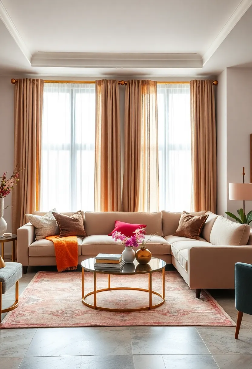 Integrate gold-accented curtain rods paired with rich fabric drapery for an elegant window treatment