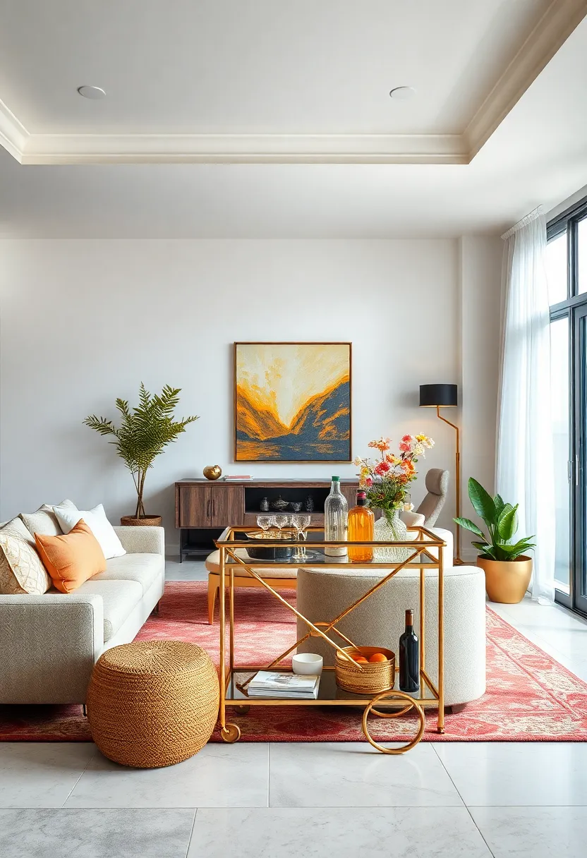 Choose a minimalist gold bar cart to add a sophisticated touch that’s perfect for entertaining guests