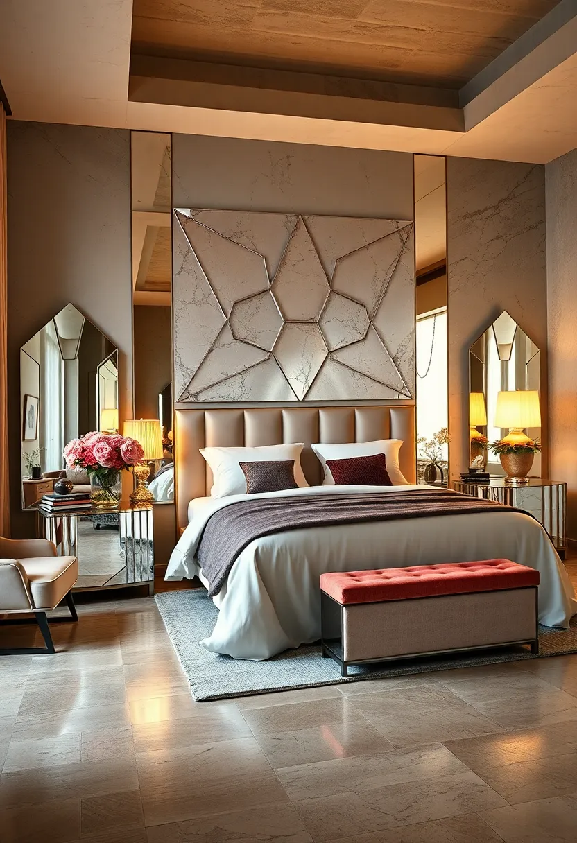 Reflecting Glamour Through Geometric Mirrored Headboards Illuminating Art Deco Bedroom Spaces