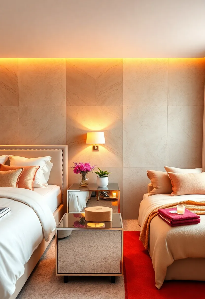 Soft Ambient ​Lighting Enhanced by Mirrored Nightstands in Classic Art Deco Bedrooms