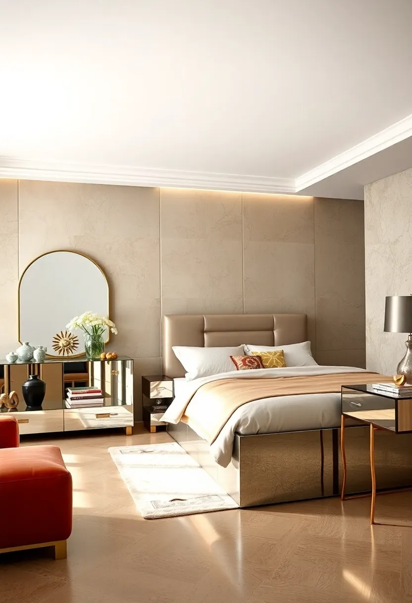Contrasting Matte and Glossy Mirror Finishes Creating ​Visual Depth in Bedroom Furniture