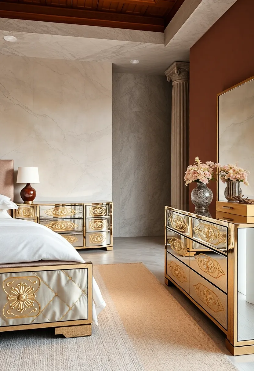 Intricate Brass Inlays on Mirrored ⁢Furniture Highlighting Timeless Art Deco Craftsmanship