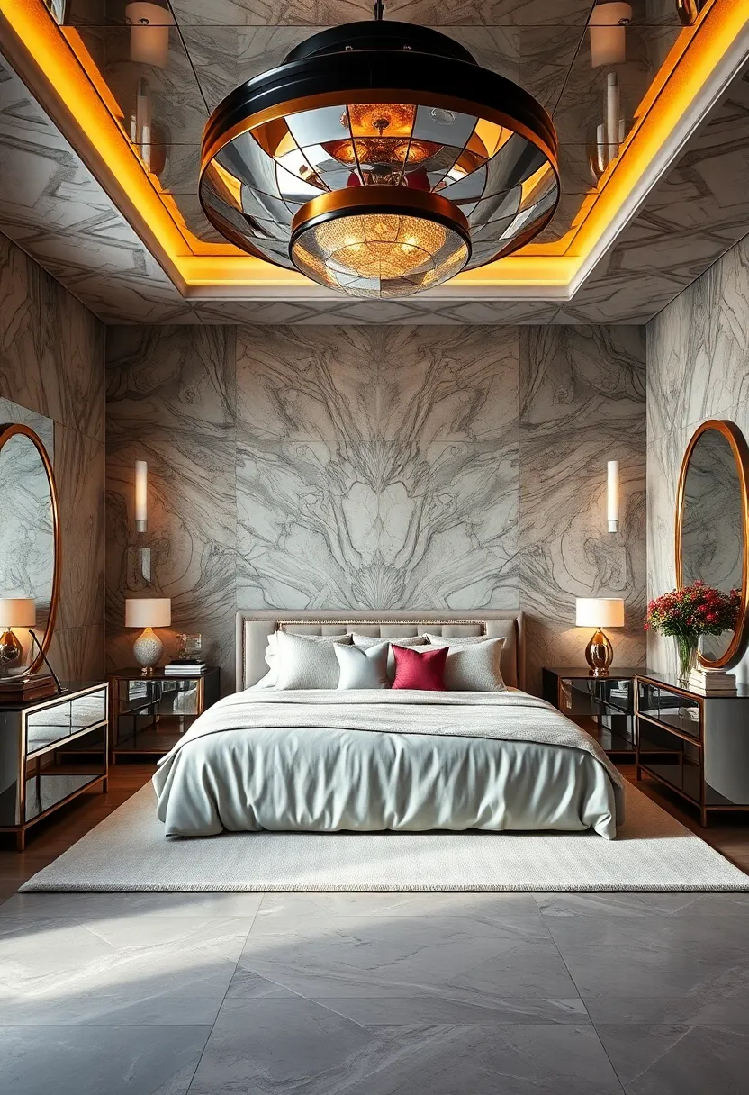 Symmetry and Shine Combined in Mirrored Ceiling Fixtures Transforming Bedroom Ambiance
