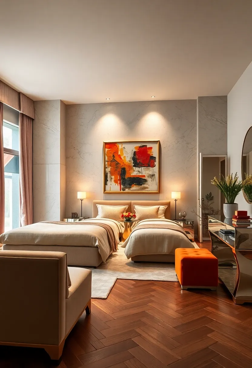 Sleek ⁣Mirrored Wardrobes Creating Depth and Luxury in Art Deco Inspired Bedroom Interiors