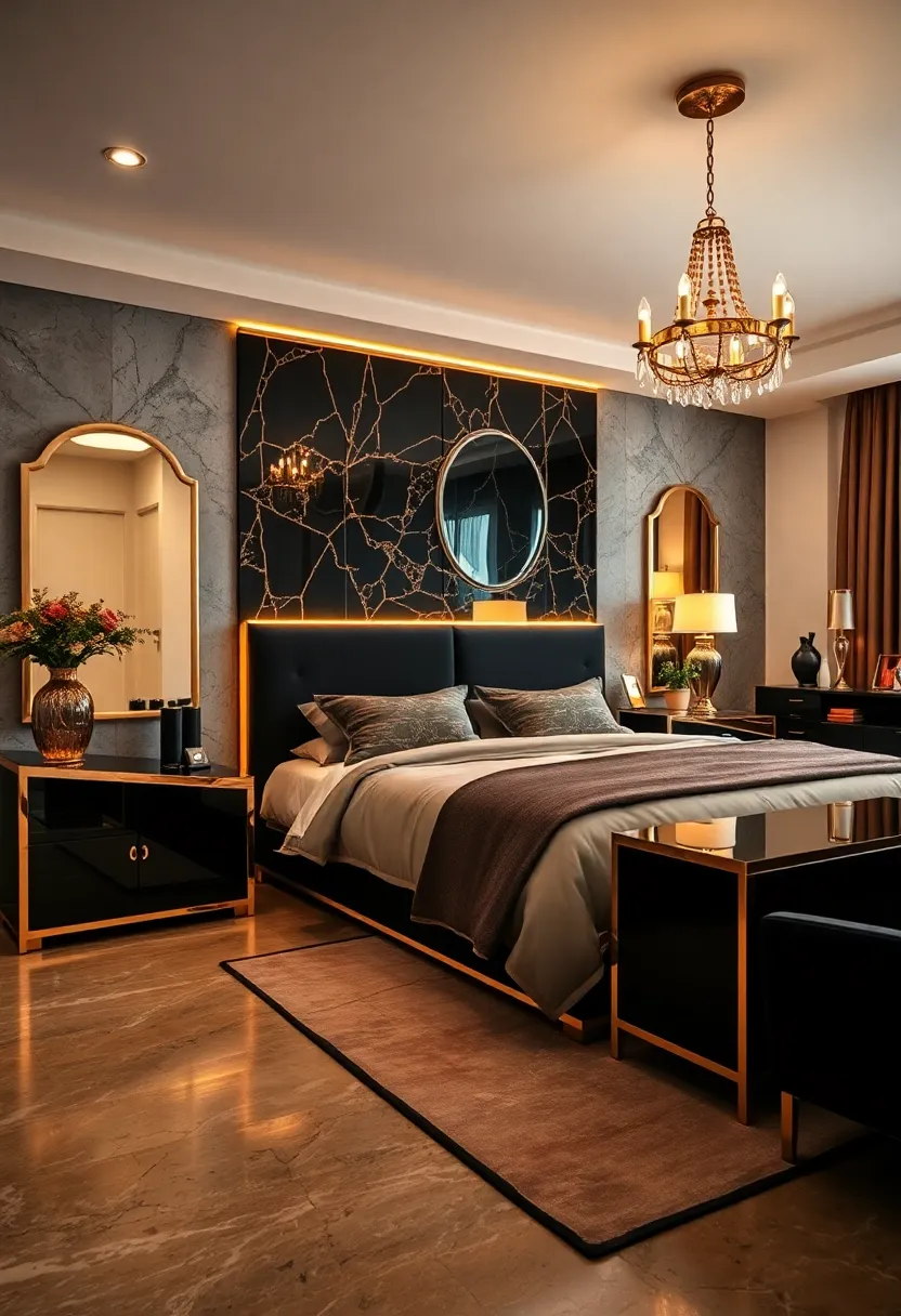 Bold⁣ Black and Gold Mirrored Accents Enhancing the Glamour of Art Deco Bedroom Settings