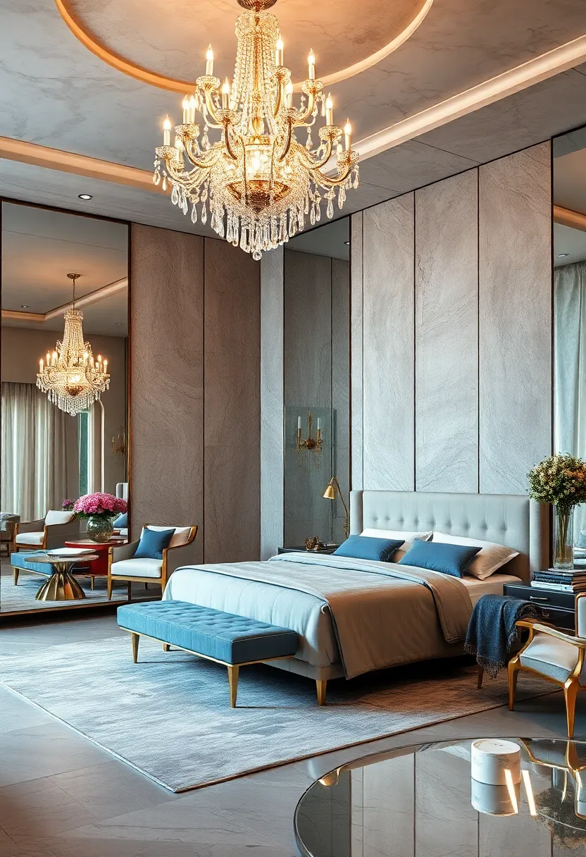 Lavish Crystal Chandeliers Reflected‌ in Mirrored Panels Lending Grandeur to Bedrooms