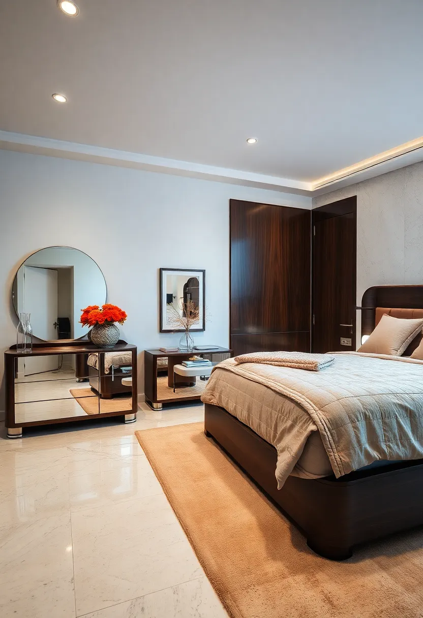 Dynamic​ Contrasts Between Dark Wood and‌ Mirrored Surfaces in Art Deco Bedroom Designs