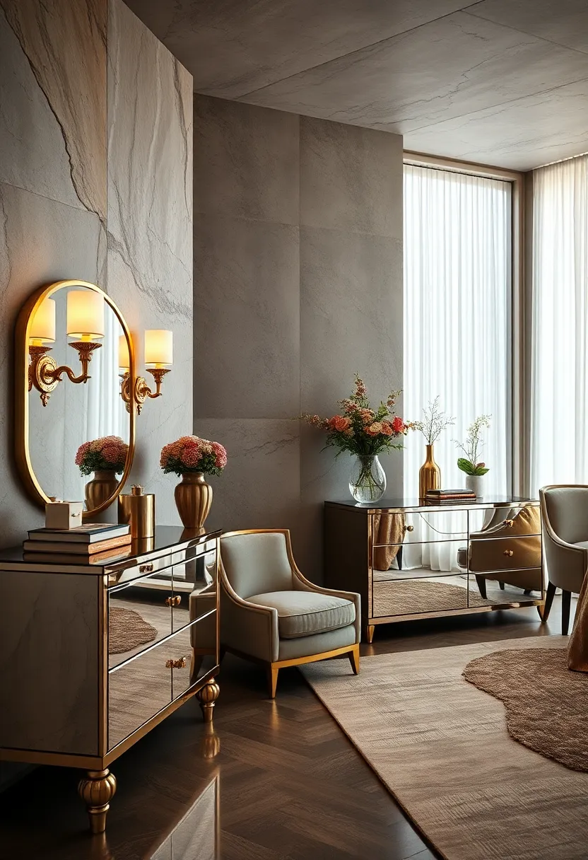 Opulent metallic Accents Paired⁢ with Mirrored ​Dressers Embracing Art ​Deco Elegance