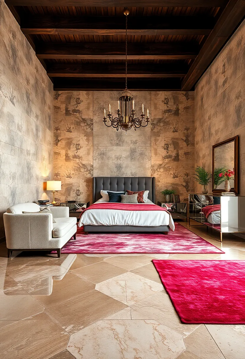 Mirrored Geometric Rugs Reflecting Underfoot to amplify Art Deco Bedroom Sophistication