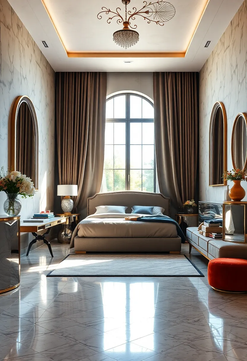 Reflective Surfaces Amplifying Natural Light in Elegant Art Deco‍ Bedroom Sanctuaries