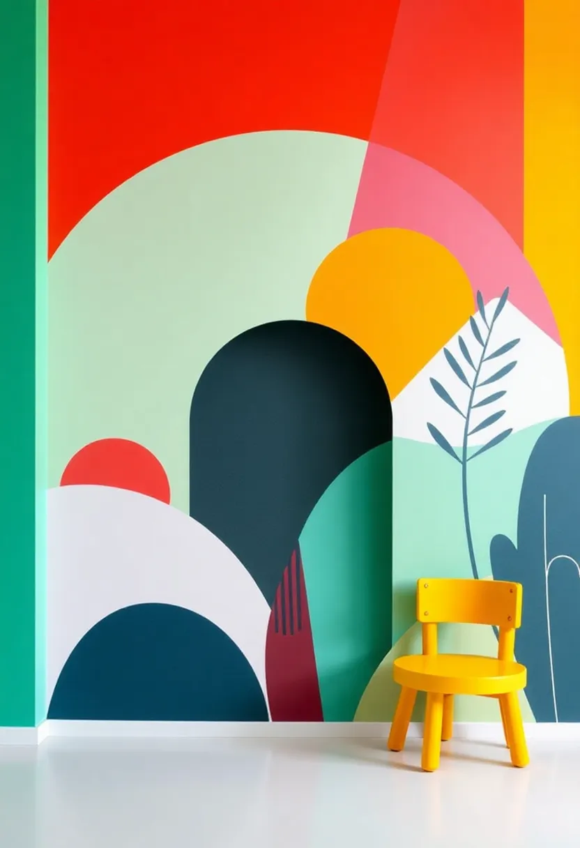 Whimsical Wall Murals: Transform your child's room into a fantastical world with oversized art Deco-inspired murals featuring geometric shapes and vibrant colors