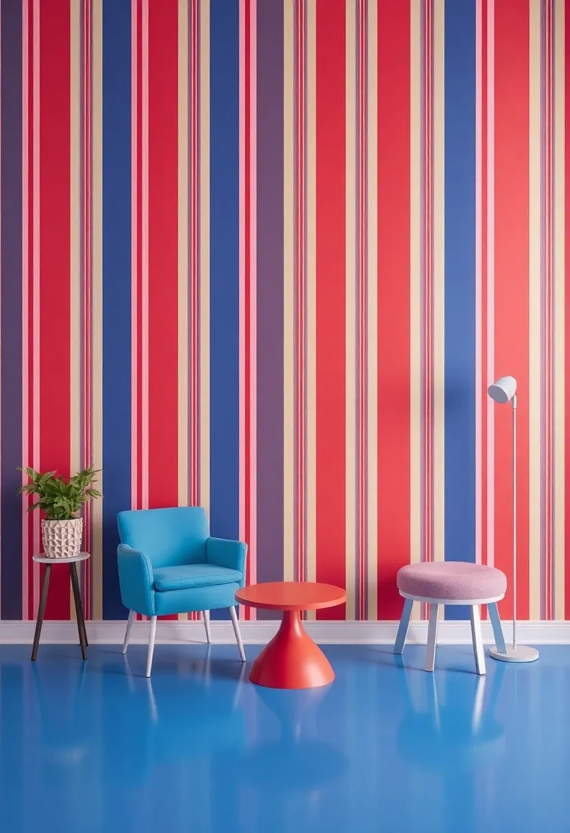 Dynamic Wallpaper Stripes: Use vibrant striped wallpaper to create a sense of movement and energy, making the space feel lively and inviting