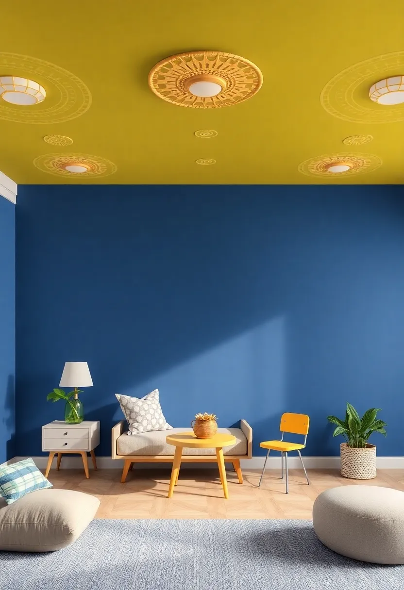 Fun Ceiling Designs: Enhance the room’s ambiance with bold ceiling colors or geometric stenciling that draws the eye upwards and adds an element of surprise