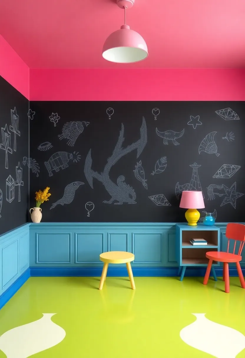Interactive Chalkboard Walls: create a fun chalkboard wall for doodling or writing with brightly colored chalk, allowing kids to express their creativity in true Art Deco style