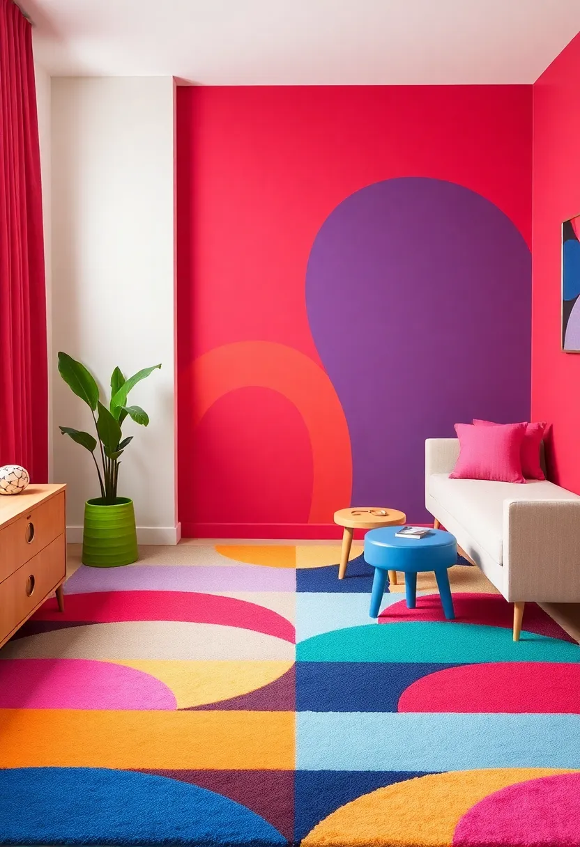 Colorful Area Rugs: Anchor the room with a playful, geometric area rug that adds warmth and vibrant energy while enhancing the room's artistic vibe